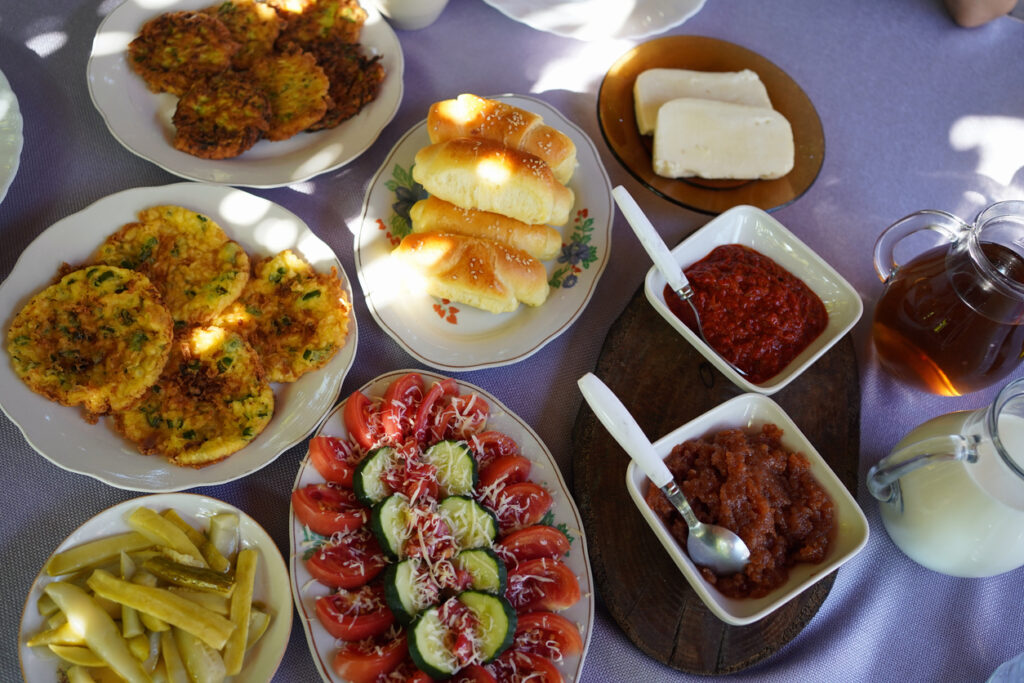 Traditional Albanian breakfast at Lake Prespa, Albania