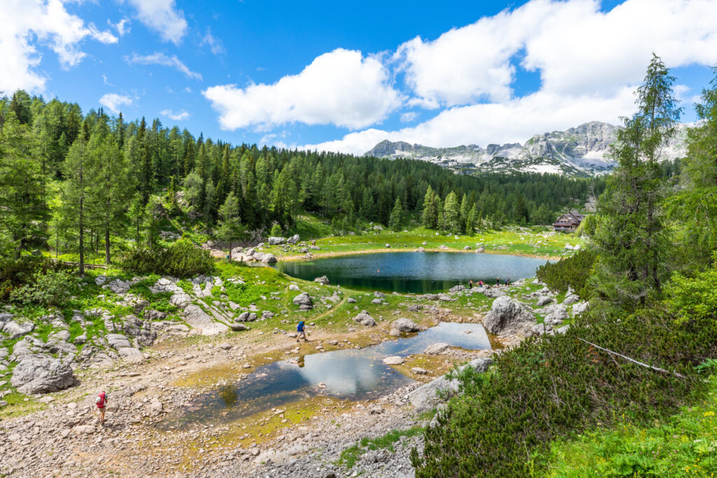 A beautiful view of the Triglav mountains and the lakes during the hike Triglav Seven Lakes, Triglav national park, Slovenia. Horizontal.