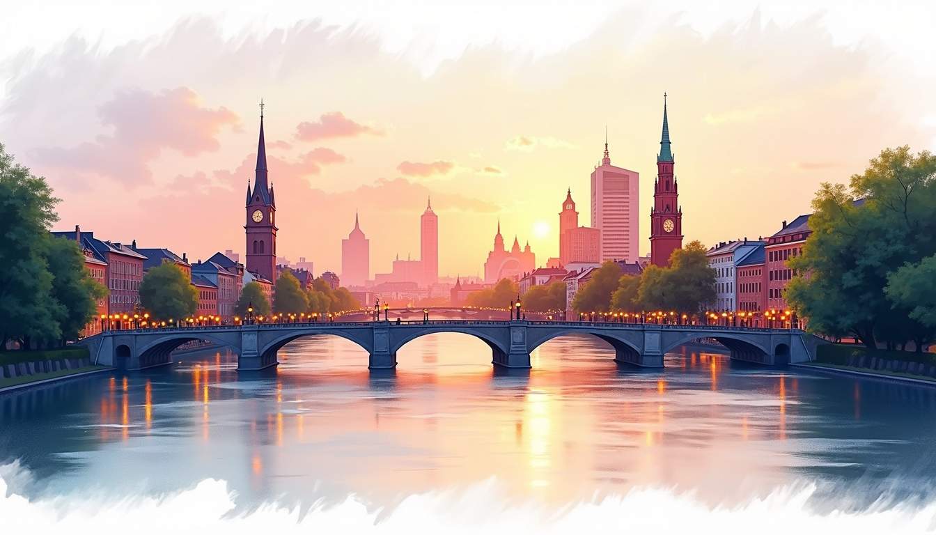 A picturesque frankfurt skyline at sunset